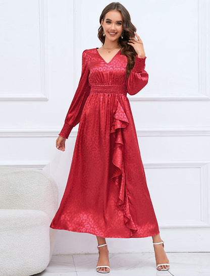 A-Line Party Dresses Elegant Dress Formal Fall Ankle Length Long Sleeve V Neck Satin with Ruffles Print