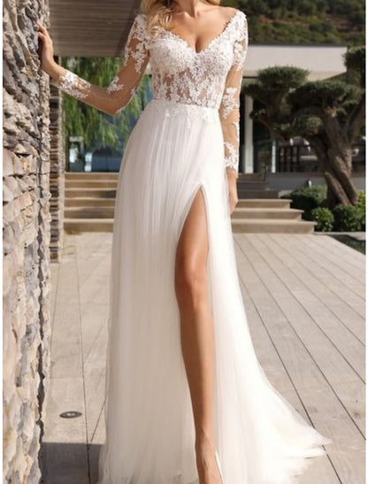 Beach Formal Wedding Dresses A-Line V Neck Long Sleeve Sweep / Brush Train Lace Bridal Gowns With Pleats Split Front