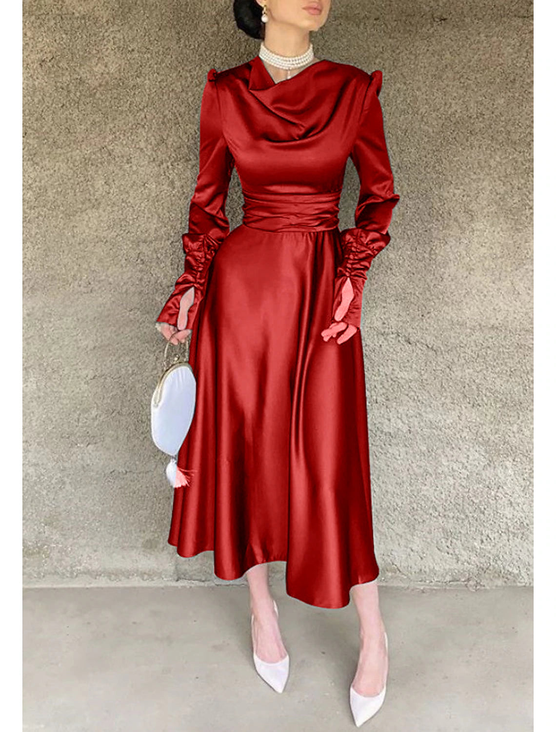 A-Line Cocktail Dress Christmas Red Green Dresses Elegant Dress Wedding Guest Fall Tea Length Long Sleeve Cowl Neck Bridesmaid Dress Red Green Dress Satin with Ruched