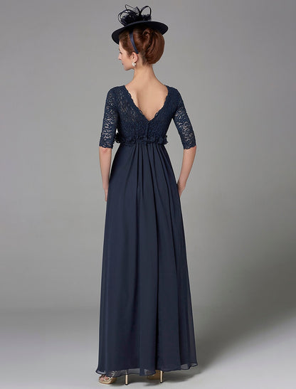 A-Line Mother of the Bride Dress Elegant & Luxurious V Neck Floor Length Chiffon Lace Half Sleeve with Lace Bow(s)