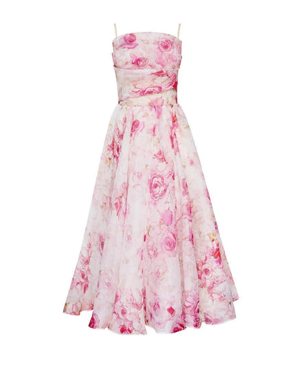 A-Line Homecoming Dresses Princess Dress Wedding Guest Holiday Tea Length Sleeveless Spaghetti Strap Organza with Print