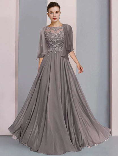 A-Line Mother of the Bride Dress Formal Wedding Guest Elegant Scoop Neck Floor Length Chiffon Lace Half Sleeve Wrap Included with Pleats Beading Appliques