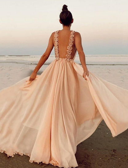 Ball Gown Wedding Guest Dresses Open Back Dress Wedding Guest Prom Sweep / Brush Train Sleeveless Halter Neck Polyester with Pleats