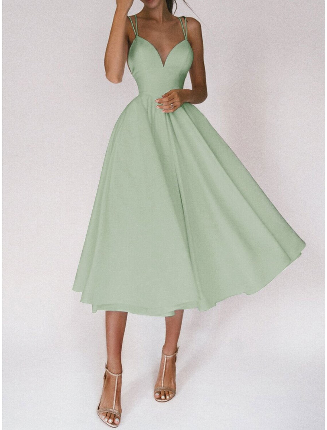 A-Line Homecoming Dresses Open Back Dress Wedding Guest Holiday Tea Length Sleeveless Spaghetti Strap Spandex Backless with Pleats