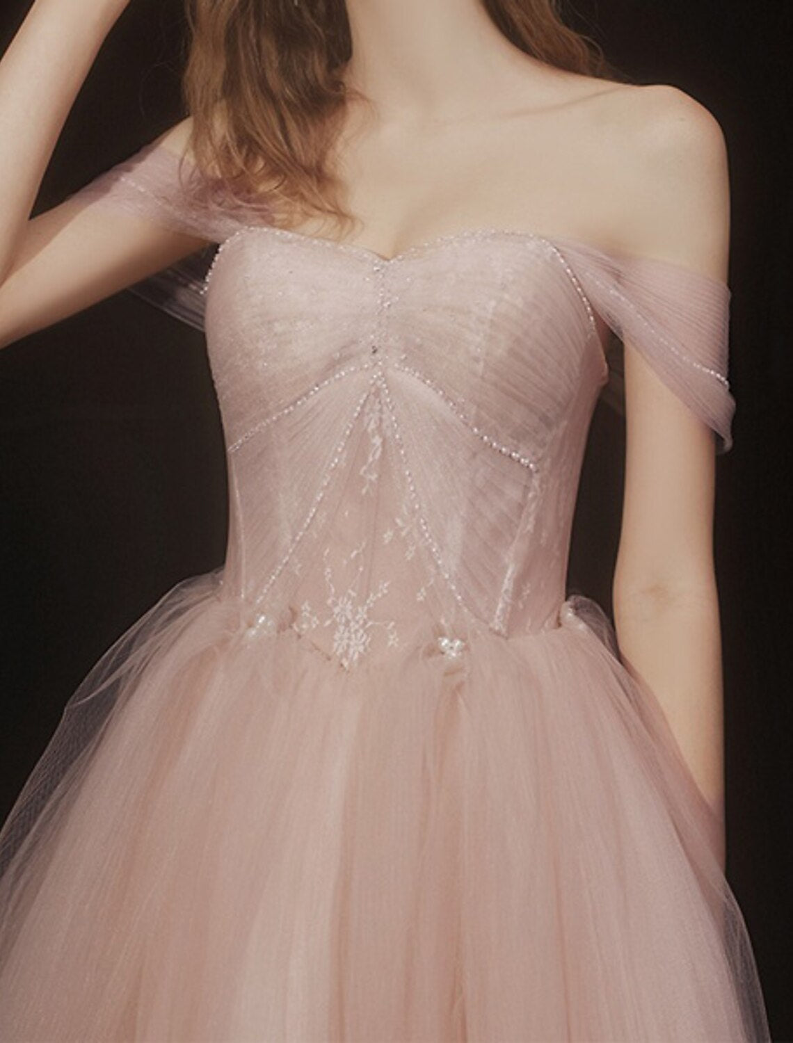 A-Line Glittering Elegant Engagement Formal Evening Dress Strapless Short Sleeve Floor Length Tulle with Pleats Beading