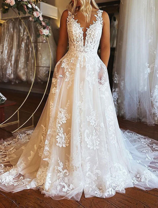 Engagement Formal Wedding Dresses A-Line V Neck Sleeveless Chapel Train Lace Bridal Gowns With Appliques