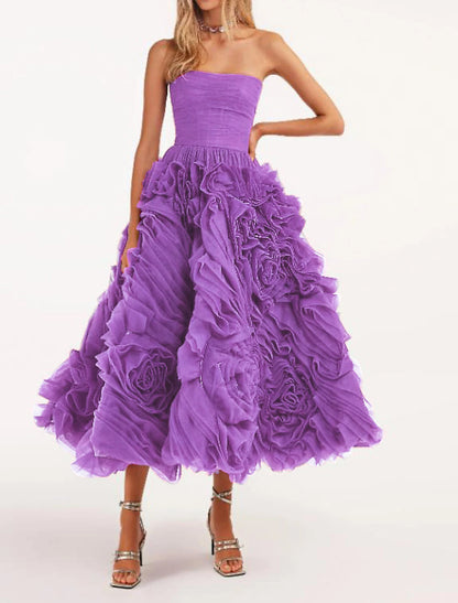 A-Line Prom Dresses Floral Dress Wedding Guest Quinceanera Ankle Length Sleeveless Strapless Tulle Backless with Ruched