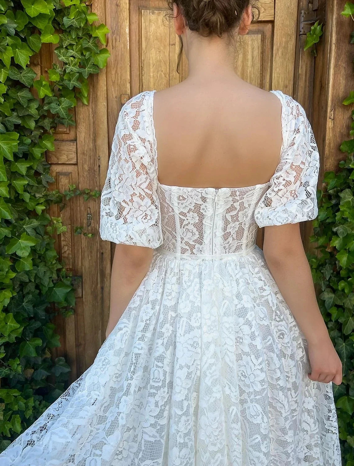 Reception Little White Dresses Wedding Dresses A-Line Sweetheart Half Sleeve Tea Length Lace Bridal Gowns With Appliques Solid Color