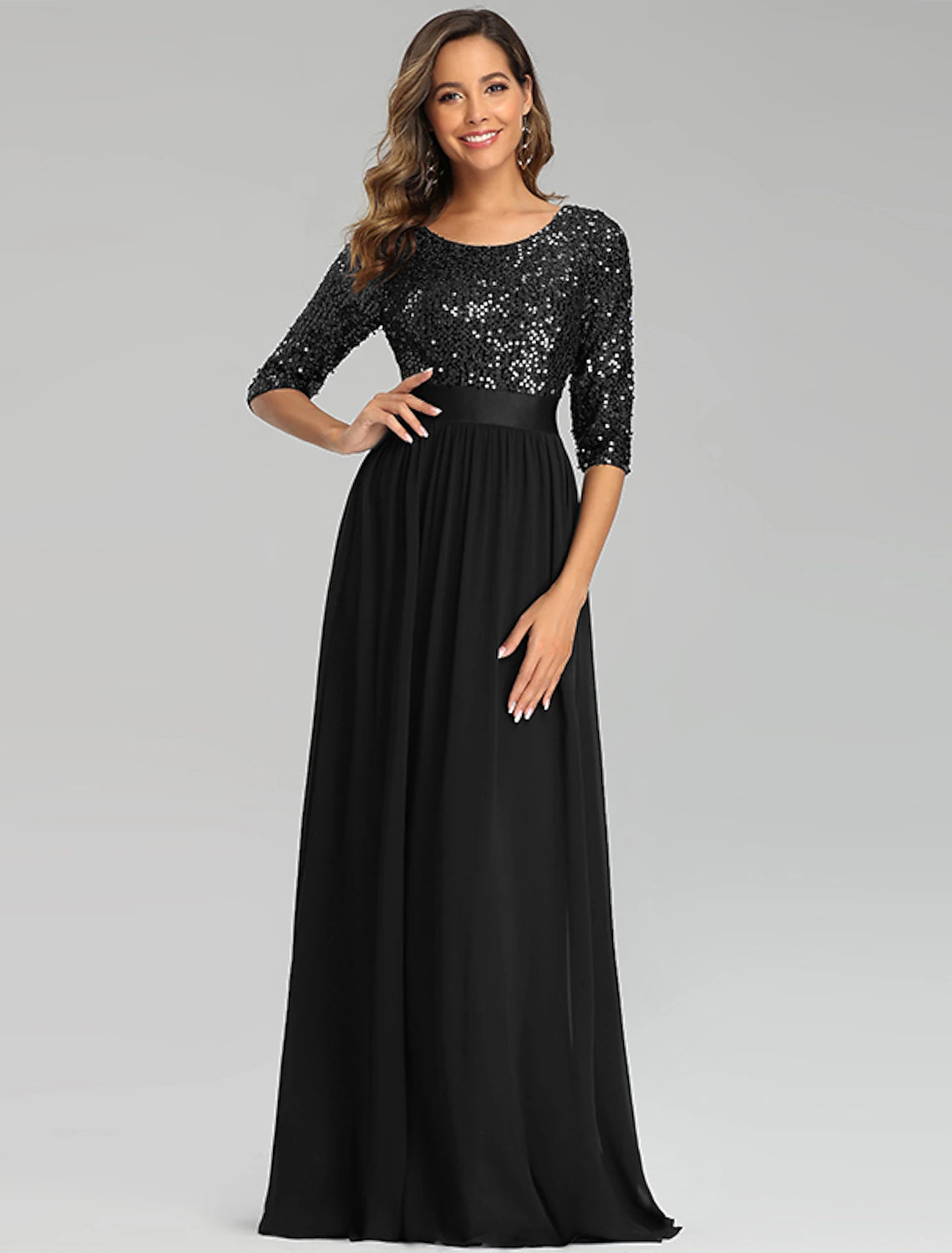 A-Line Mother of the Bride Dress Wedding Guest Plus Size Elegant Jewel Neck Floor Length Tulle Sequined 3/4 Length Sleeve with Sequin Fall