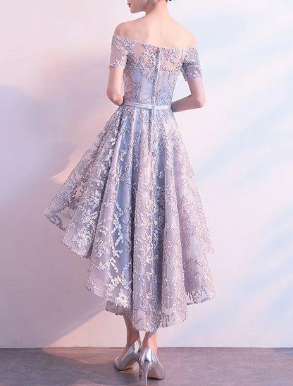 A-Line Cocktail Dresses Minimalist Dress Wedding Guest Homecoming Asymmetrical Short Sleeve Off Shoulder Tulle with Bow(s) Pleats