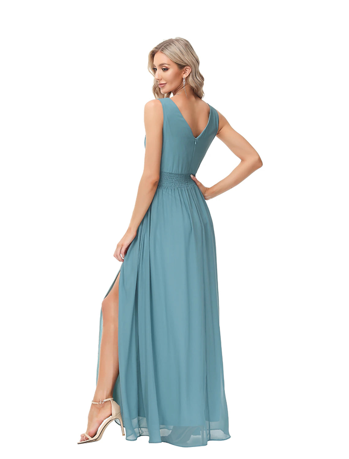 A-Line Evening Gown Elegant Dress Wedding Guest Party Wear Floor Length Sleeveless V Neck Bridesmaid Dress Chiffon V Back with Slit