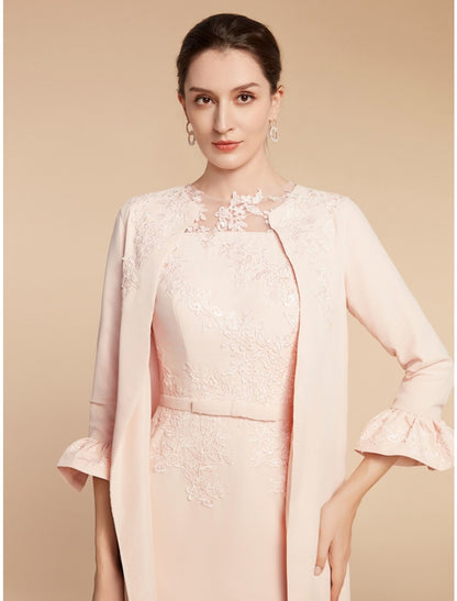 Two Piece A-Line Mother of the Bride Dress Wedding Guest Elegant Petite Jewel Neck Short / Mini Lace Stretch Fabric 3/4 Length Sleeve with Bow(s) Ruffles Solid Color