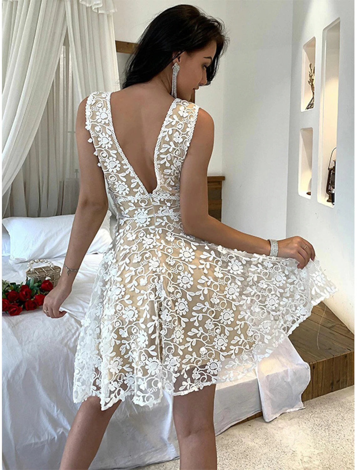 Women's Party Dress Lace Dress Homecoming Dress Midi Dress White Sleeveless Pure Color Lace Summer Spring V Neck Hot Spring Dress