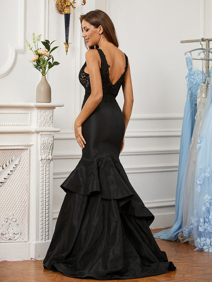 Trumpet/Mermaid Satin Lace V-neck Sleeveless Sweep/Brush Train Dresses