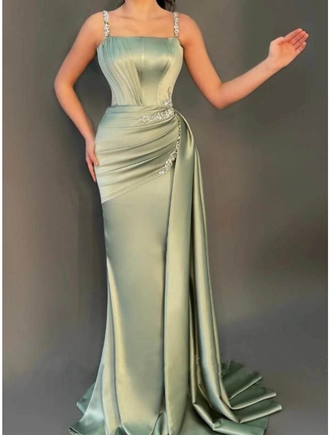 A-Line Evening Gown Elegant Dress Formal Sweep / Brush Train Christmas Red Green Dress Sleeveless Spaghetti Strap Satin with Pleats Ruched Crystals 2024