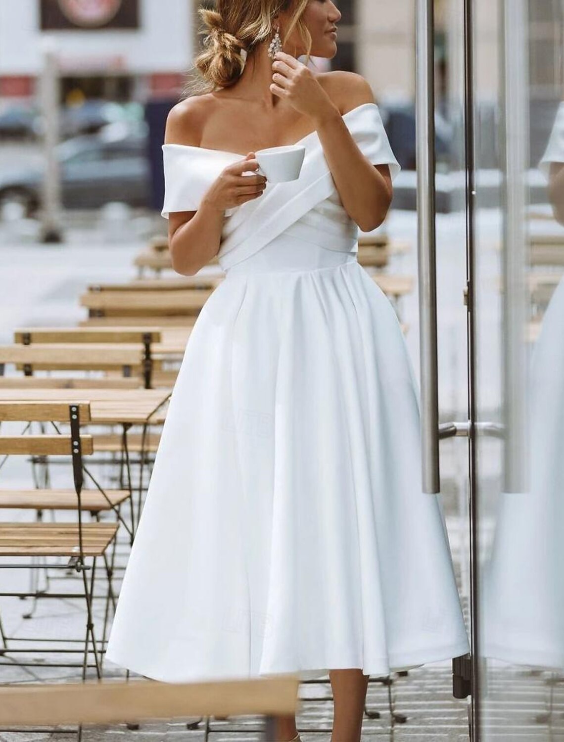 Simple Wedding Dresses Satin Little White Dresses A-Line Off Shoulder Formal Short Sleeve Tea Length Bridal Gowns With Solid Color