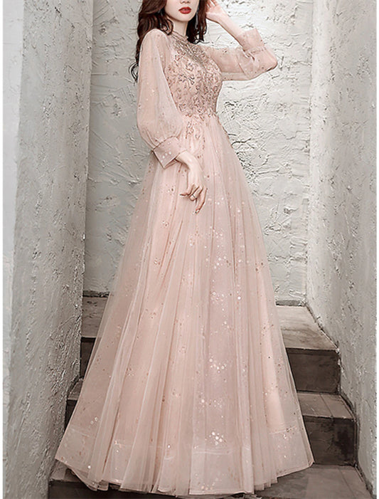 A-Line Sparkle Princess Prom Formal Evening Dress Jewel Neck Long Sleeve Floor Length Tulle with Pleats Beading Sequin