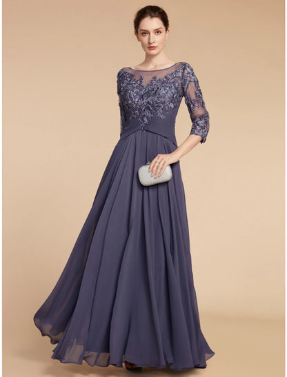 A-Line Mother of the Bride Dress Wedding Guest Elegant Scoop Neck Floor Length Chiffon Lace 3/4 Length Sleeve with Ruching Solid Color