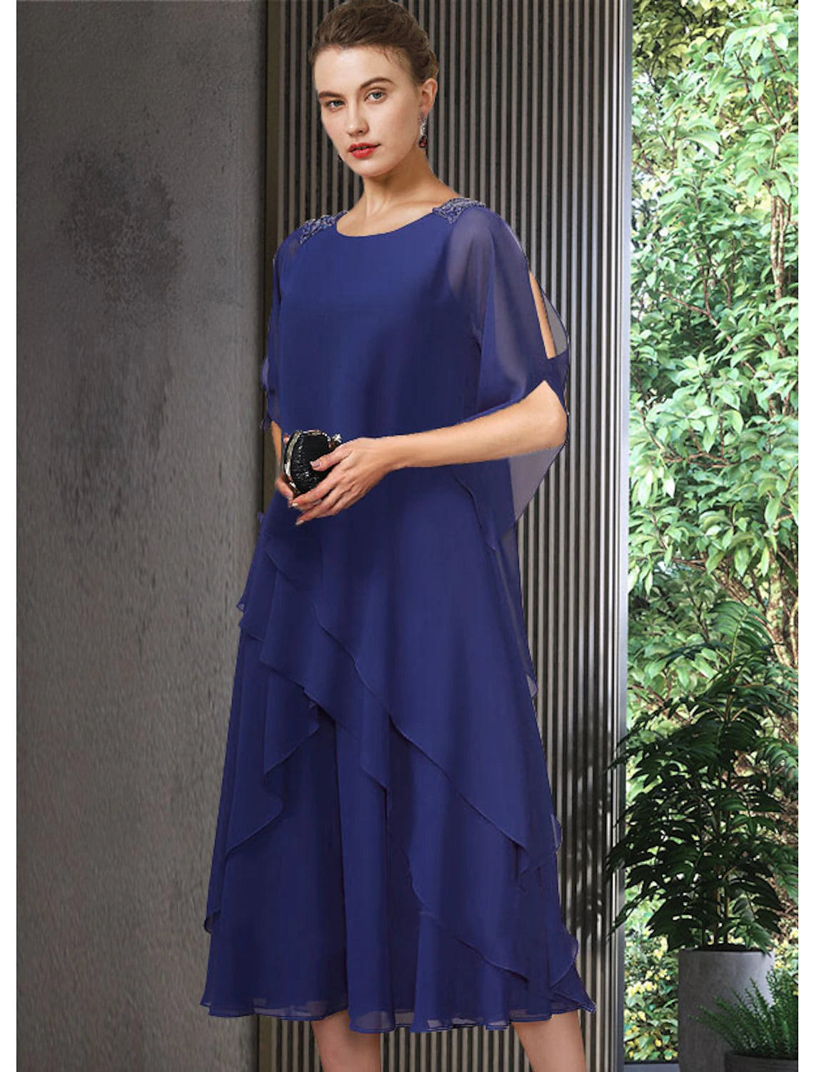 A-Line Mother of the Bride Dress Elegant Jewel Neck Tea Length Chiffon Half Sleeve with Cascading Ruffles