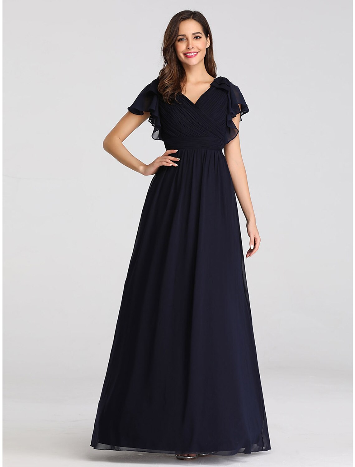 A-Line Mother of the Bride Dress Plus Size V Neck Floor Length Chiffon Short Sleeve with Ruffles Ruching