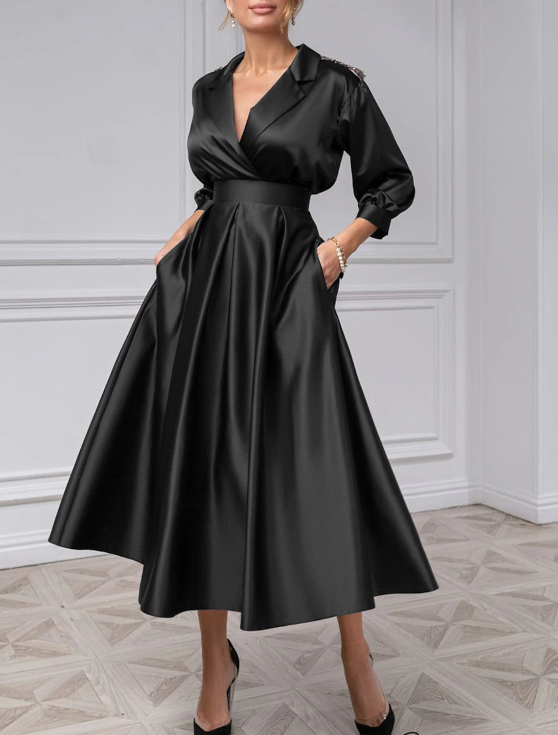 A-Line Cocktail Dresses Vintage Black Dress Plus Size Wedding Guest Evening Party Tea Length 3/4 Length Sleeve Shirt Collar Satin with Pleats 2024