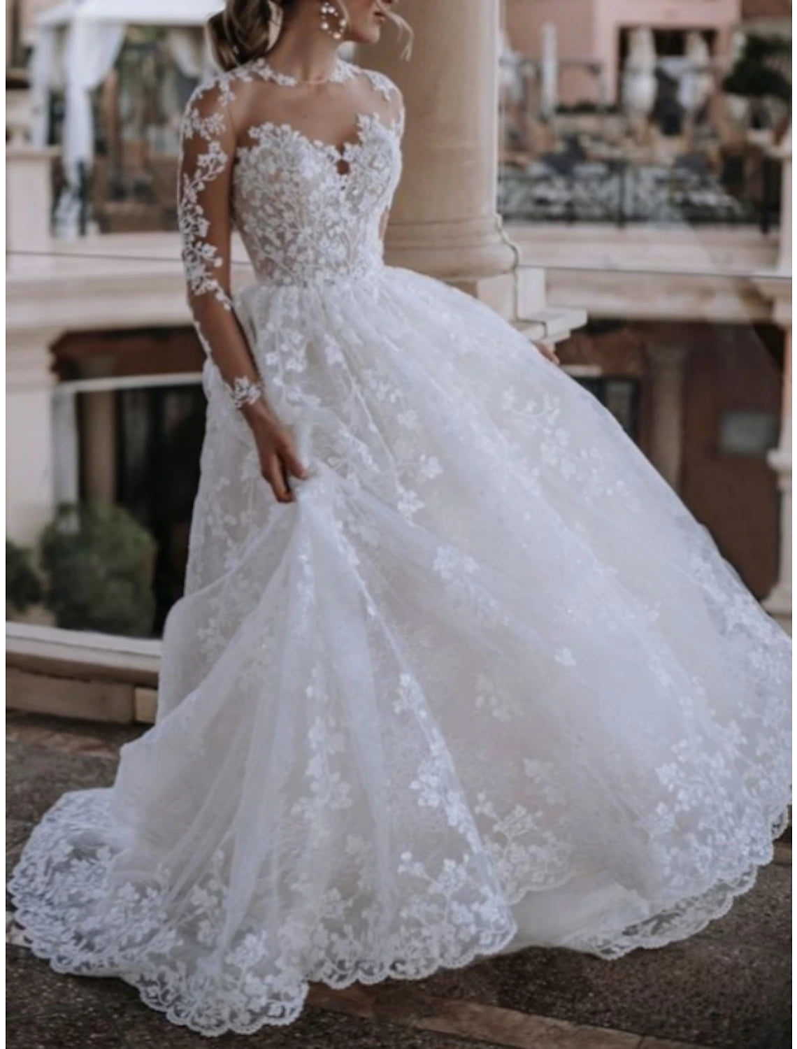 Beach Formal Wedding Dresses A-Line Illusion Neck Long Sleeve Sweep / Brush Train Lace Bridal Gowns With Pleats Solid Color