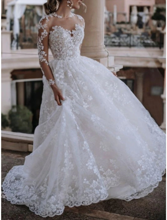 Beach Formal Wedding Dresses A-Line Illusion Neck Long Sleeve Sweep / Brush Train Lace Bridal Gowns With Pleats Solid Color