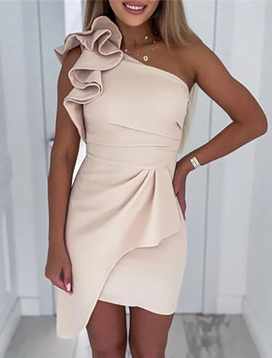 Women‘s Cocktail Party Dress Wedding Guest Dress Homecoming Dress Bodycon Mini Dress Pink Sleeveless Pure Color Ruffle Spring Summer One Shoulder Elegant Slim