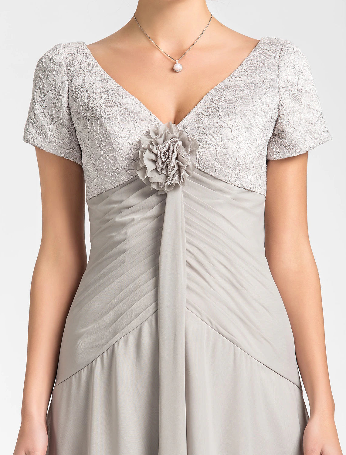 A-Line Mother of the Bride Dress Floral High Low V Neck Asymmetrical Chiffon Lace Short Sleeve with Pleats Flower