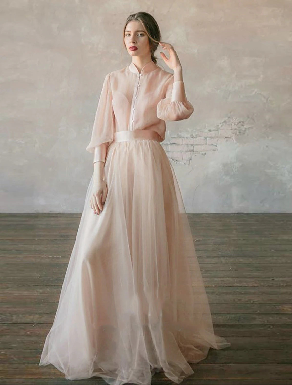 Two Piece Party Dress Minimalist Wedding Guest Formal Evening Birthday Dress Stand Collar Long Sleeve Floor Length Chiffon with Tier 2024