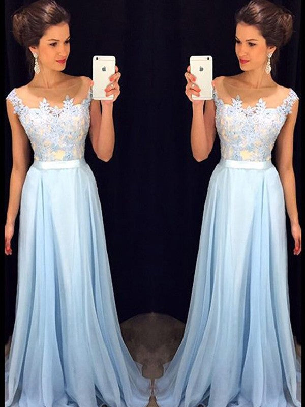 A-Line/Princess Sleeveless Sheer Neck Applique Chiffon Floor-Length Dresses