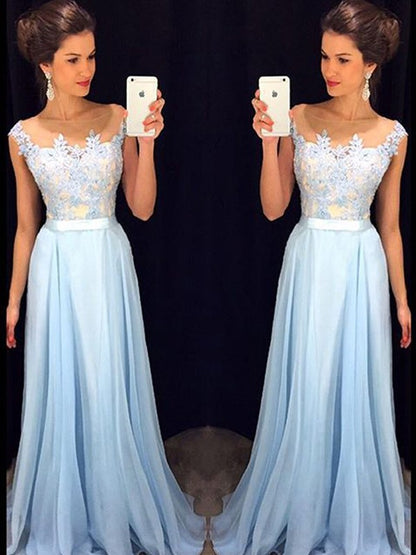 A-Line/Princess Sleeveless Sheer Neck Applique Chiffon Floor-Length Dresses