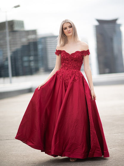 Ball Gown Off-the-Shoulder Satin Applique Sleeveless Floor-Length Dresses