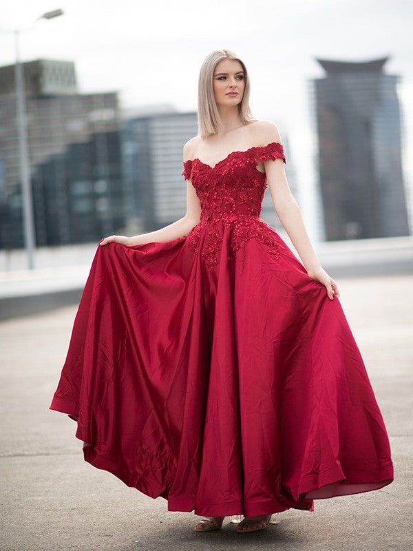 Ball Gown Off-the-Shoulder Satin Applique Sleeveless Floor-Length Dresses