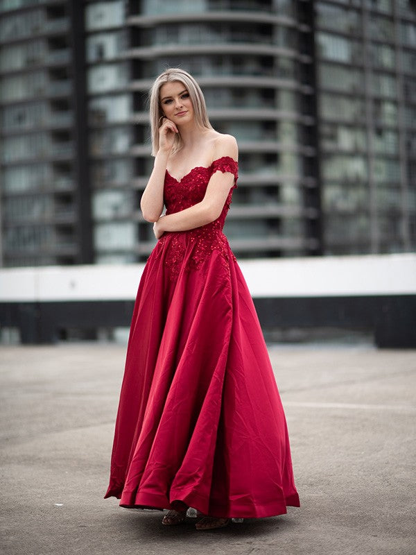 Ball Gown Off-the-Shoulder Satin Applique Sleeveless Floor-Length Dresses