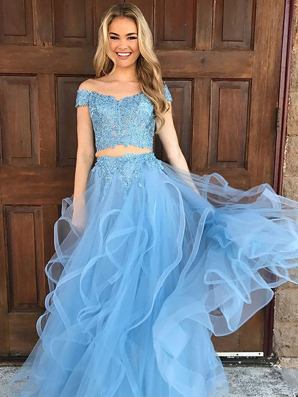 A-Line/Princess Sleeveless Off-the-Shoulder Tulle Applique Floor-Length Two Piece Dresses