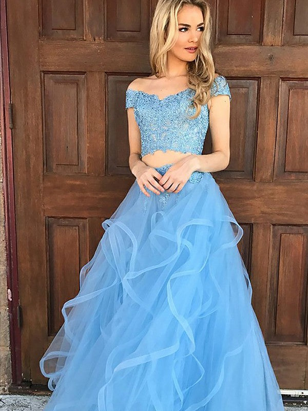 A-Line/Princess Sleeveless Off-the-Shoulder Tulle Applique Floor-Length Two Piece Dresses