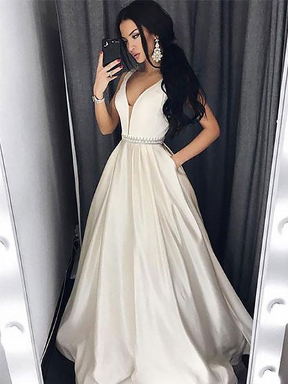 A-Line/Princess V-neck Sleeveless Sweep/Brush Train Beading Satin Dresses