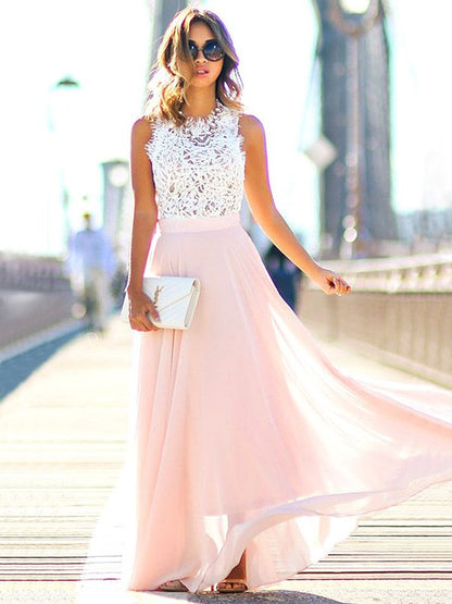 A-Line/Princess Jewel Sleeveless Floor-Length Lace Chiffon Dresses