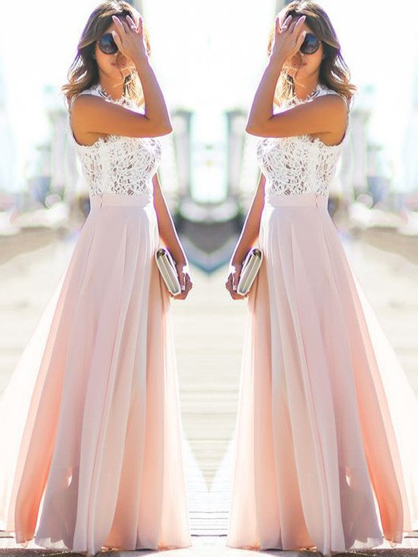 A-Line/Princess Jewel Sleeveless Floor-Length Lace Chiffon Dresses