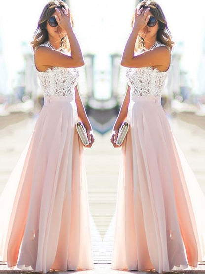 A-Line/Princess Jewel Sleeveless Floor-Length Lace Chiffon Dresses