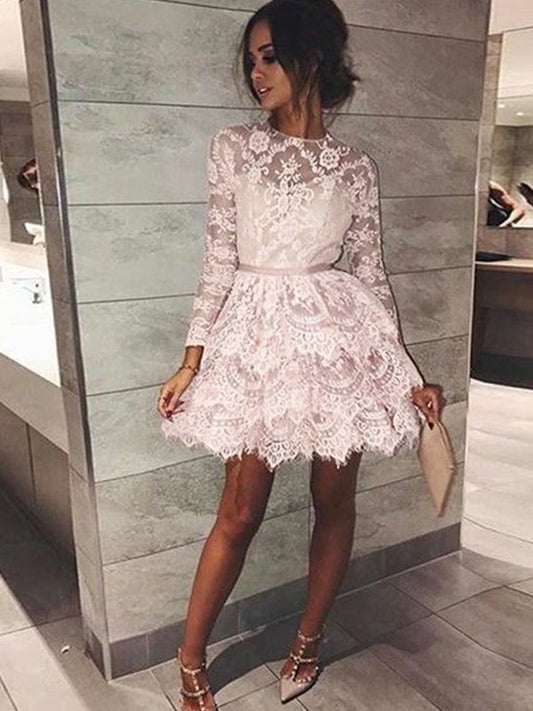 A-Line/Princess Bateau Long Sleeves Beading Lace Short/Mini Dresses