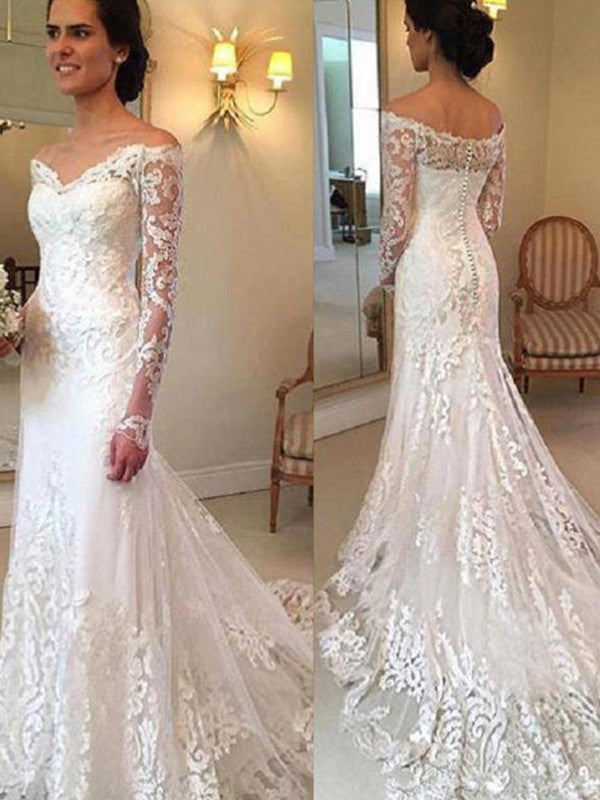 Trumpet/Mermaid Off-the-Shoulder Court Train Long Sleeves Applique Lace Wedding Dresses