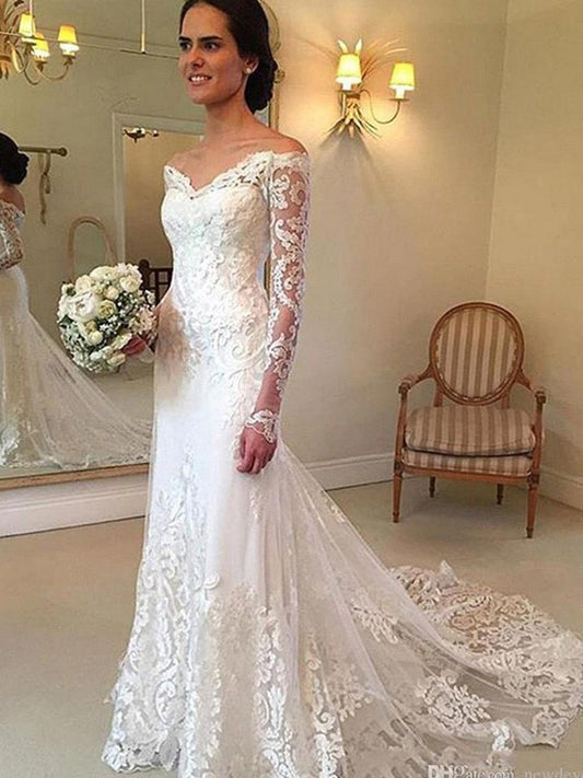 Trumpet/Mermaid Off-the-Shoulder Court Train Long Sleeves Applique Lace Wedding Dresses