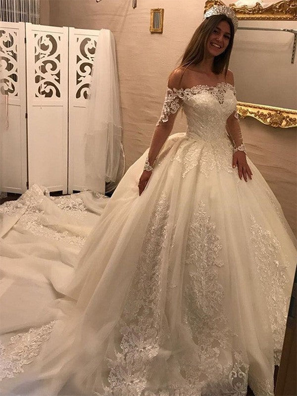 Ball Gown Off-the-Shoulder Long Sleeves Cathedral Train Applique Tulle Wedding Dresses