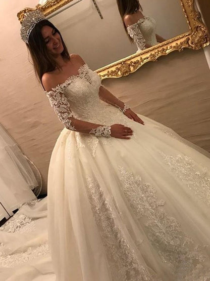 Ball Gown Off-the-Shoulder Long Sleeves Cathedral Train Applique Tulle Wedding Dresses