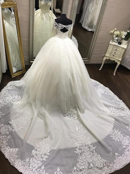 Ball Gown Off-the-Shoulder Long Sleeves Cathedral Train Applique Tulle Wedding Dresses