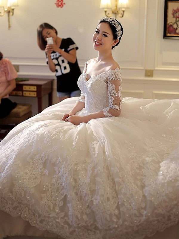 Ball Gown Off-the-Shoulder Cathedral Train 3/4 Sleeves Beading Applique Tulle Wedding Dresses