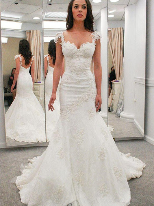 Trumpet/Mermaid Sweetheart Short Sleeves Applique Chapel Train Lace Wedding Dresses