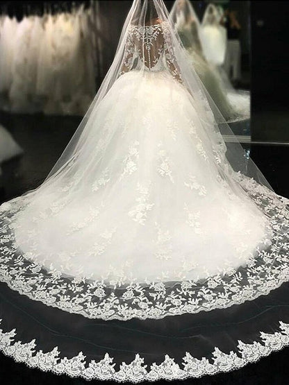 Ball Gown Scoop Long Sleeves Lace Cathedral Train Applique Tulle Wedding Dresses